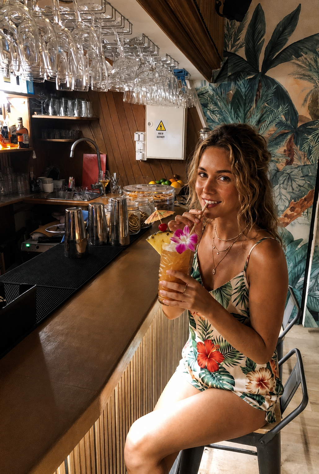 Cliente disfrutando de un cóctel tropical en la barra